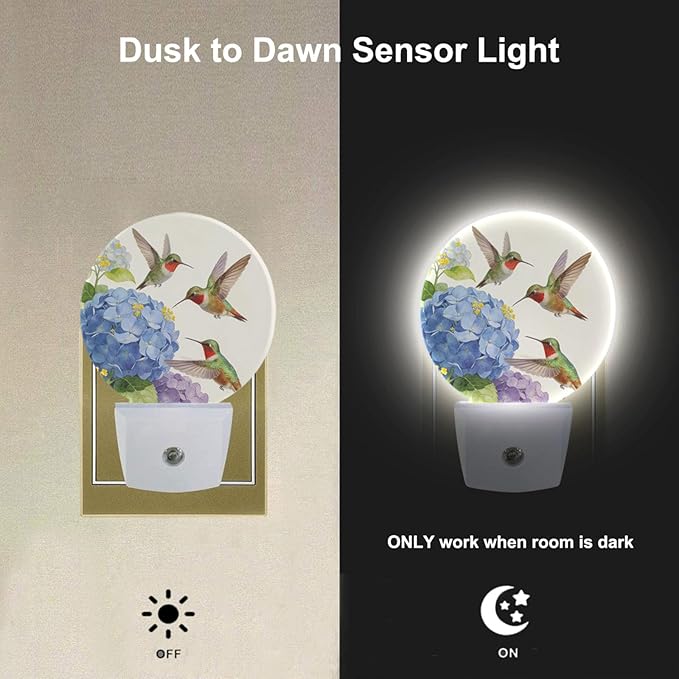 Bird LED Lighting Green Hummingbird on Branch Night Lights Plug into Wall with Dusk to Dawn Sensor for Bedroom Bathroom Living Room, 0.5W Sleep Friendly