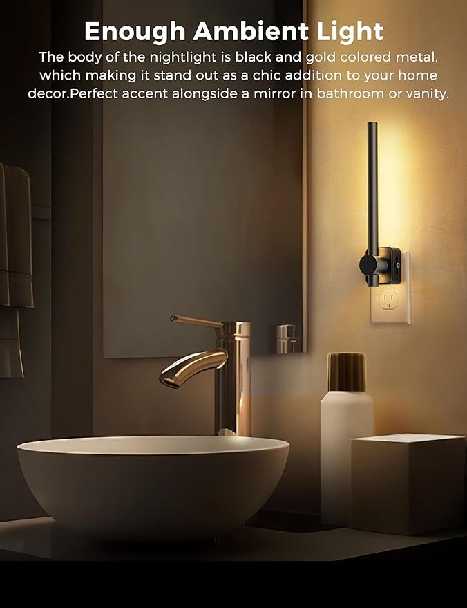 L LOHAS LED Night Light, [2 Pack] Night Lights Plug into Wall, 0-200LM Bathroom Nightlight, Dusk to Dawn Sensor 2W Dimmable Nightlights, Soft White 3000K, Modern Black Night Light for Mirror Restroom