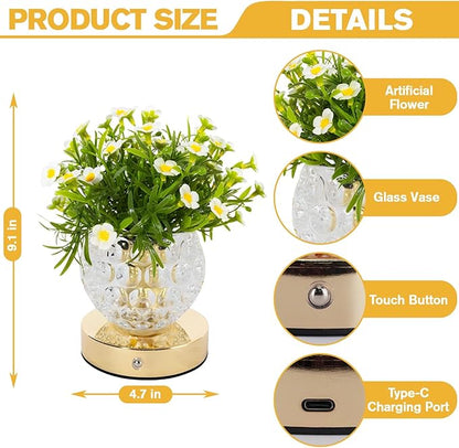 Flower Table Lamp, 3-Color Touch Dimming Heronsbill Glass Night Light, Rechargeable Artificial Flower Light, Desktop Ambient Light Romantic Gifts for Girls Women Mom (White-Heronsbill)