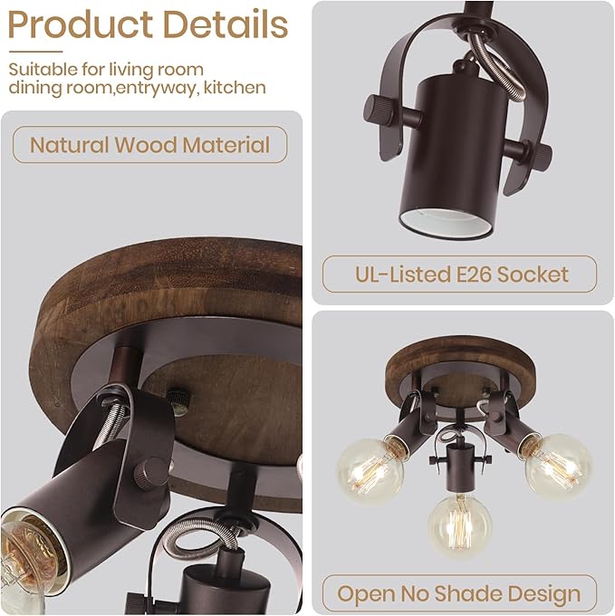 3-Light Rustic Track Lighting, Adjustable Flush Mount Ceiling Light with Espresso Wood Base, Dark Bronze Ceiling Track Light for Kitchen Island, Dining Room, Hallway, Entryway