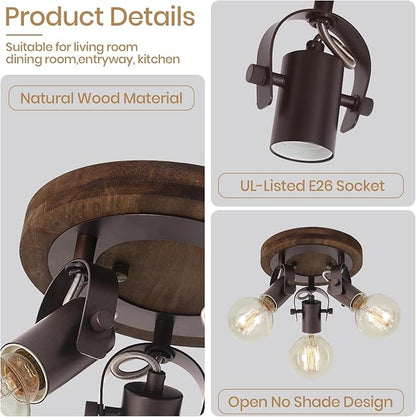 3-Light Rustic Track Lighting, Adjustable Flush Mount Ceiling Light with Espresso Wood Base, Dark Bronze Ceiling Track Light for Kitchen Island, Dining Room, Hallway, Entryway