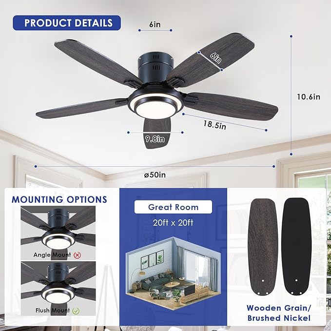 Hounberi 50 Inch Low Profile Ceiling Fans with Lights and Remote, Modern Flush Mount Black Ceiling Fan, 3CCT, Dimmable, Quiet DC Reversible Motor, for Bedroom Living Room Indoor/Outdoor Use