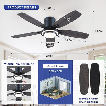 Hounberi 50 Inch Low Profile Ceiling Fans with Lights and Remote, Modern Flush Mount Black Ceiling Fan, 3CCT, Dimmable, Quiet DC Reversible Motor, for Bedroom Living Room Indoor/Outdoor Use