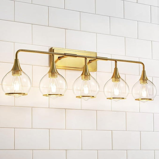 Gold Bathroom Vanity Light 5-Lights Bathroom Light Fixtures Over Mirror with Clear Glass Shade 39.2 inch Wall Sconce Lighting Bath(Exclude E26 Bulb)