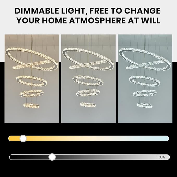 Modern Crystal Chandeliers for High Ceilings, 5 Rings Modern Led Chandelier Light Fixture 3 Colors Adjustable, Gold Chandelier for Foyer Dining Room Bedroom Living Room Staircase, D8"-12"-16"-20"-24"