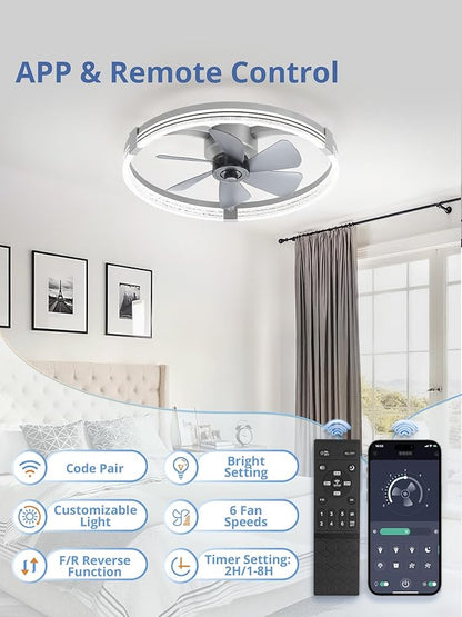 ZMISHIBO Low Profile Ceiling Fans with Lights, Flush Mount Modern Ceiling Fan and Remote Control, 23" LED Ceiling Fans, Stepless Dimmable 3 Colors and 6 Speeds (Grey, 23")