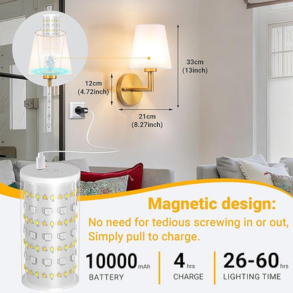 Vimhou Peel and Stick Wall Sconces, Stick On Wall Sconce Set of 2, Battery Operated Wireless Wall Light, No Drill Adhesive Wall Lamp, Corn Bulb with 10000mAh Rechargeable Battery, Bedroom Wall Decor