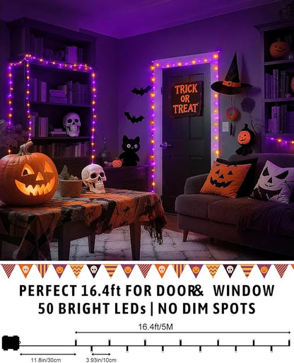 Halloween String Lights Battery Operated, Orange and Purple Lights with Timer Waterproof 16.4ft 50 LED Halloween Decorations for Outdoor Indoor Patio Party Garden Yard Decor