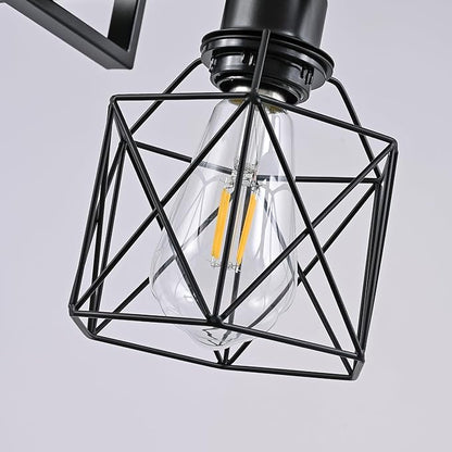 5-Light Modern Farmhouse Island Lighting, Adjustable Height Black Rustic Chandelier with Matte Black Geometric Shade, E26 Base Hanging Light for Dining Room Over Table