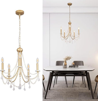 5-Light Farmhouse Chandelier with Crystal Accents, Gold Candle-Style Adjustable Pendant Light for Dining Table, Bedroom, Entryway, Living Room, Kitchen Island, Rustic Modern Ceiling Fixture