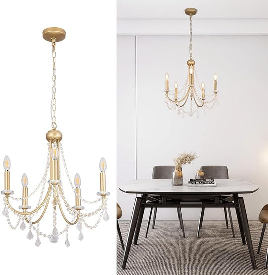 5-Light Farmhouse Chandelier with Crystal Accents, Gold Candle-Style Adjustable Pendant Light for Dining Table, Bedroom, Entryway, Living Room, Kitchen Island, Rustic Modern Ceiling Fixture