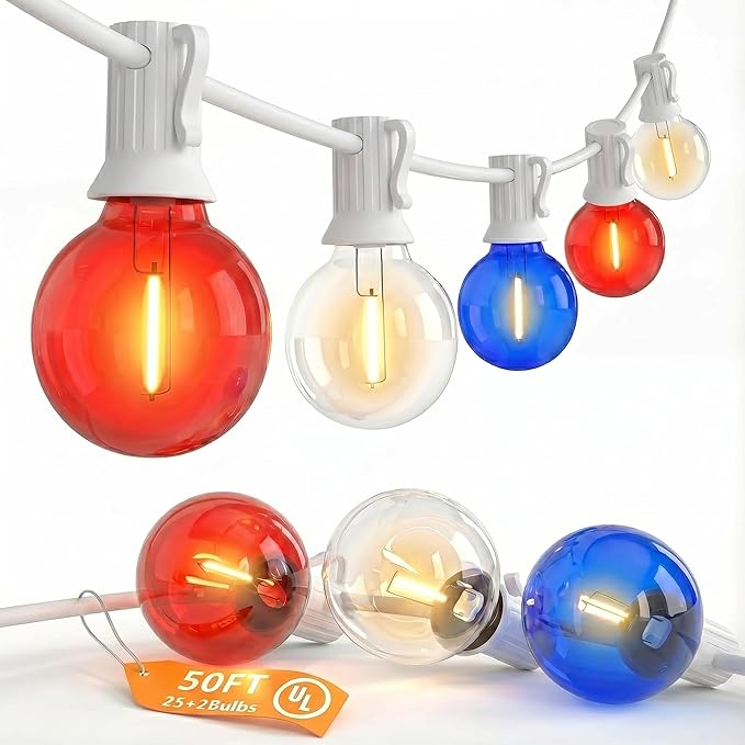 SUNSGNE 4th of July Decorations G40 LED Outdoor String Lights, 50FT Globe String Lights with 25 LED Red White and Blue Lights for Patriotic Memorial Day Decor, E12 Socket Base, White Wire