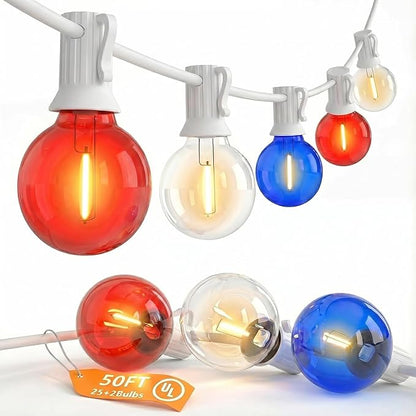 SUNSGNE 4th of July Decorations G40 LED Outdoor String Lights, 50FT Globe String Lights with 25 LED Red White and Blue Lights for Patriotic Memorial Day Decor, E12 Socket Base, White Wire