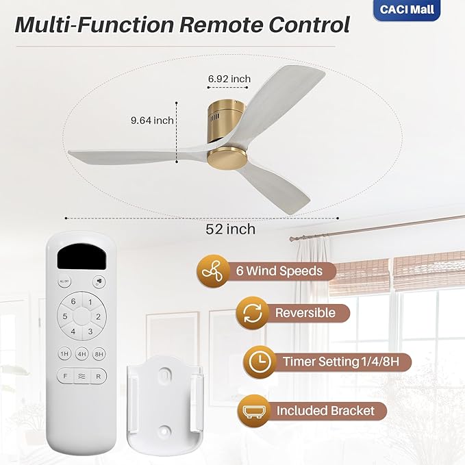 CACI Mall 52 Inch Solid Wood Ceiling Fan without Light, Flush Mount, 3 Blade, Low Profile, Modern, Outdoor/Indoor Ceiling Fans No Light for Bedroom/Farmhouse/Patio