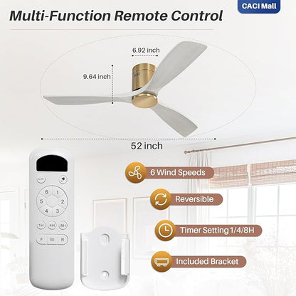 CACI Mall 52 Inch Solid Wood Ceiling Fan without Light, Flush Mount, 3 Blade, Low Profile, Modern, Outdoor/Indoor Ceiling Fans No Light for Bedroom/Farmhouse/Patio
