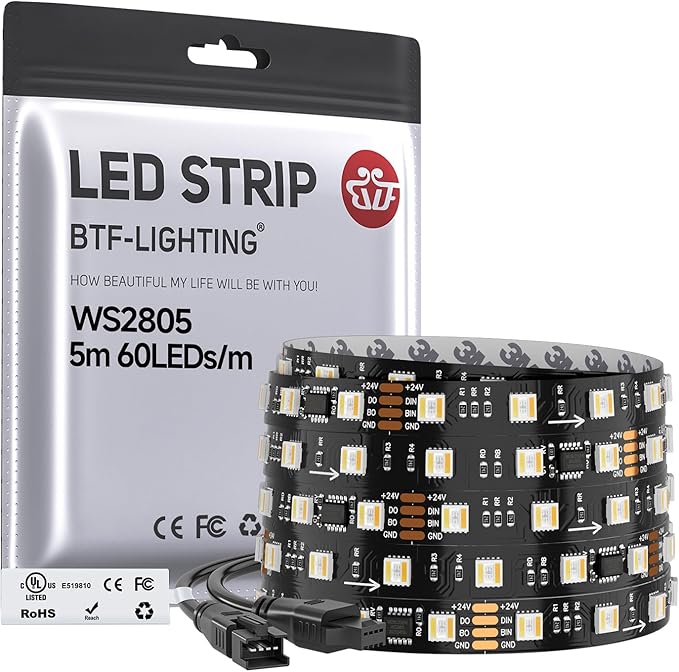 BTF-LIGHTING WS2805 IC RGBCCT Addressable Dual Data LED Strip 5050SMD 16.4FT 60LED/m 10Pixel/m,UL Listed,5 Colors in 1 Chasing Color RGB+CCT 3000K-6500K IP30 DC24V(No Adapter or Controller)
