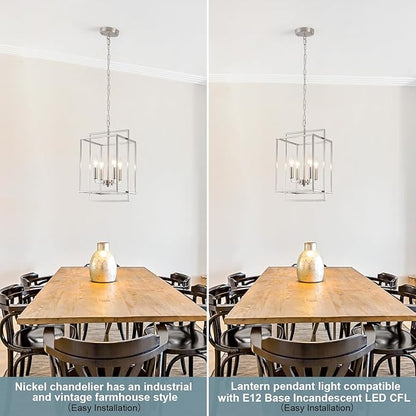 Nickel Chandelier Dining Room Light Fixture Lantern Chandeliers Iron Farmhouse Pendant Light Rustic Rectangle Adjustable Height Modern Kitchen Light for Living Room Entryway