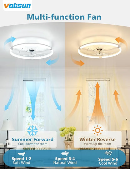 VOLISUN Low Profile Ceiling Fan with Lights and Remote, 19.7in Bladeless Ceiling Fans with Light Flush Mount, Dimmable Modern LED Fan Light, White Fandelier Ceiling Fans for Bedroom,Living Room