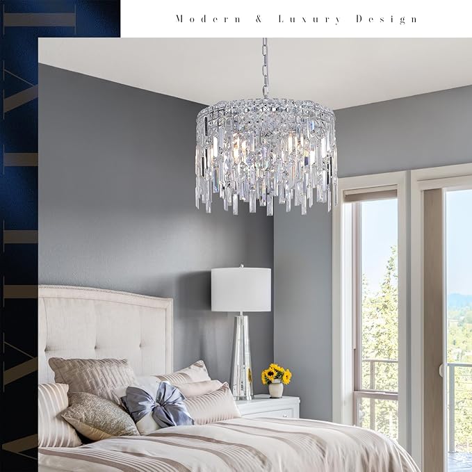 A AXILIXI Round Crystal Chandelier Modern 20" Drum Chandelier with Chain Chrome Adjustable K9 Raindrop Crystal Ceiling Pendant Fixtures 2 Tiers for Dining Room Bedroom Living Room