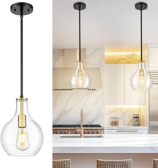Emak Black and Gold Pendant Lights Kitchen Island, 8 Inch Pendant Light Fixtures with Clear Glass Shade, Modern Farmhouse Island Lights for Kitchen, Dining Room, Bathroom, PL125-BKBGD-CG