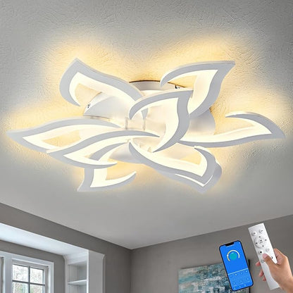 31" White Modern Geometric Dimmable Ceiling Light Fixture, 9 Leaves Low Profile Flush Mount Ceiling Light for Kitchen, Bedroom, Living Room
