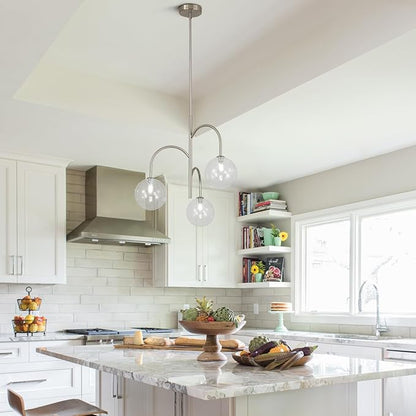 3-Light Brushed Nickel Sputnik Chandelier Modern Globe Pendant Light Fixture Bubble Glass Chandelier Lighting Contemporary Dining Room Chandelier Ceiling Light