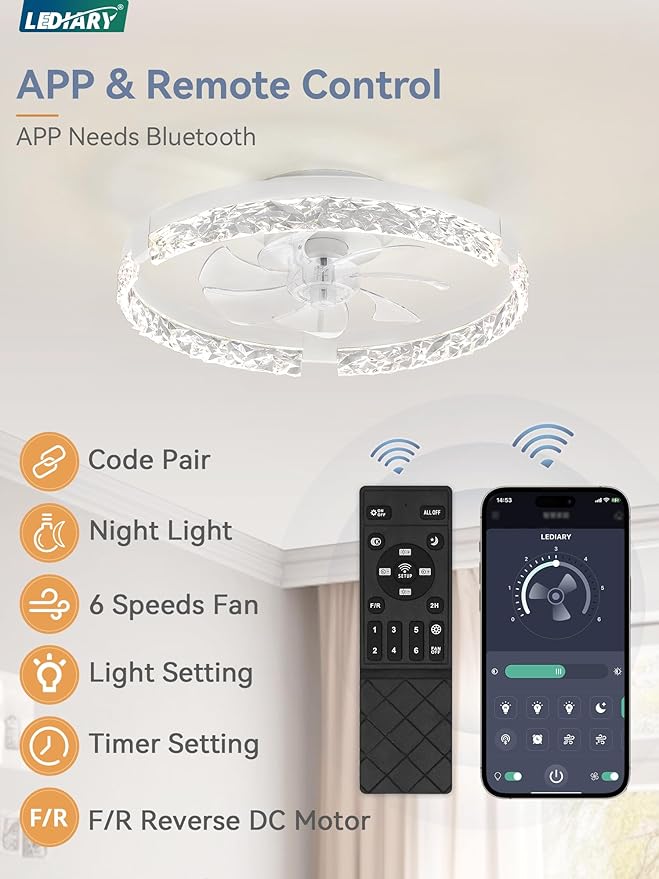 LEDIARY 2 Pack 20 Inch Ceiling Fans with Lights and Remote, Fandelier Modern Low Profile Ceiling Fan, 3000K-6000K Dimmable LED Fan Light, White Flush Mount Ceiling Fans with Lights for Bedroom