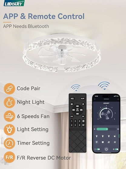 LEDIARY 2 Pack 20 Inch Ceiling Fans with Lights and Remote, Fandelier Modern Low Profile Ceiling Fan, 3000K-6000K Dimmable LED Fan Light, White Flush Mount Ceiling Fans with Lights for Bedroom