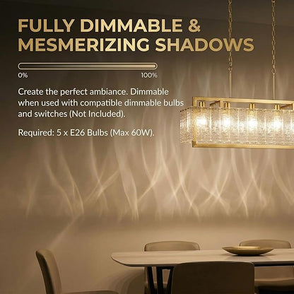 35.4" Gold Crystal Modern Chandelier for Dining Room, Chandeliers with Water Ripple Glass, Adjustable Chain Length,Luxury Rectangular Pendant Light Fixture for Kitchen Island Living Room