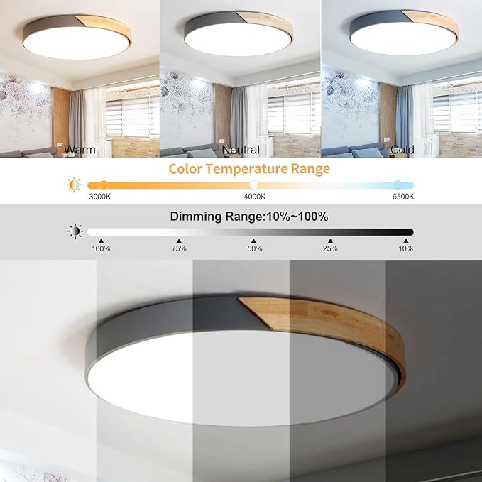 LED Ceiling Light Fixture,24 Inch Modern Wood Recessed Ceiling Lights,Dimmable Light,54W Grey Close to Ceiling Lighting Flush Mount Living Room Bedroom,3000K-6000K