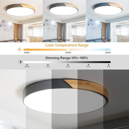 LED Ceiling Light Fixture,16 Inch Modern Wood Recessed Ceiling Lights, Dimmable Light,Grey 24W Close to Ceiling Lighting Flush Mount Living Room Bedroom,3000K-6000K