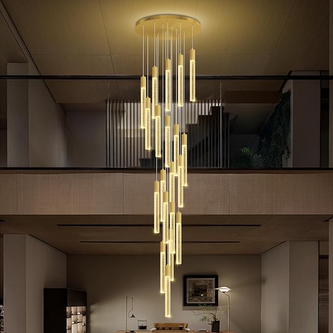 Modern Large Gold Crystal Chandelier Height Adjustable 20-Light High Ceiling Chandelier for Foyer Entryway Front Door Dimmable LED Ceiling Lighting Fixture