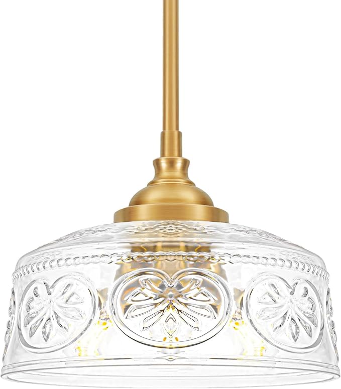 Vintage 3-Light Pendant Light With Embossed Glass Shade, Farmhouse Brushed Gold Pendant Lights Kitchen Island, 2-in-1 Adjustable Hanging & Semi-Flush Mount for Bathroom,Dining Room,Bedroom,Hallway,E12
