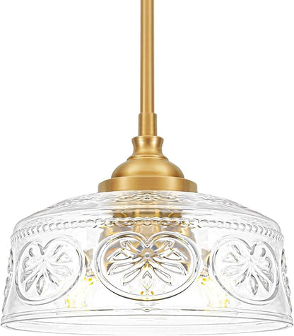 Vintage 3-Light Pendant Light With Embossed Glass Shade, Farmhouse Brushed Gold Pendant Lights Kitchen Island, 2-in-1 Adjustable Hanging & Semi-Flush Mount for Bathroom,Dining Room,Bedroom,Hallway,E12