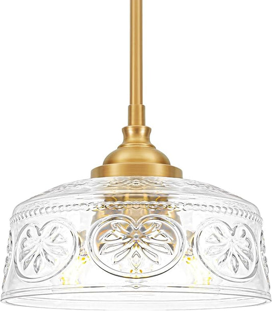 Vintage 3-Light Pendant Light With Embossed Glass Shade, Farmhouse Brushed Gold Pendant Lights Kitchen Island, 2-in-1 Adjustable Hanging & Semi-Flush Mount for Bathroom,Dining Room,Bedroom,Hallway,E12