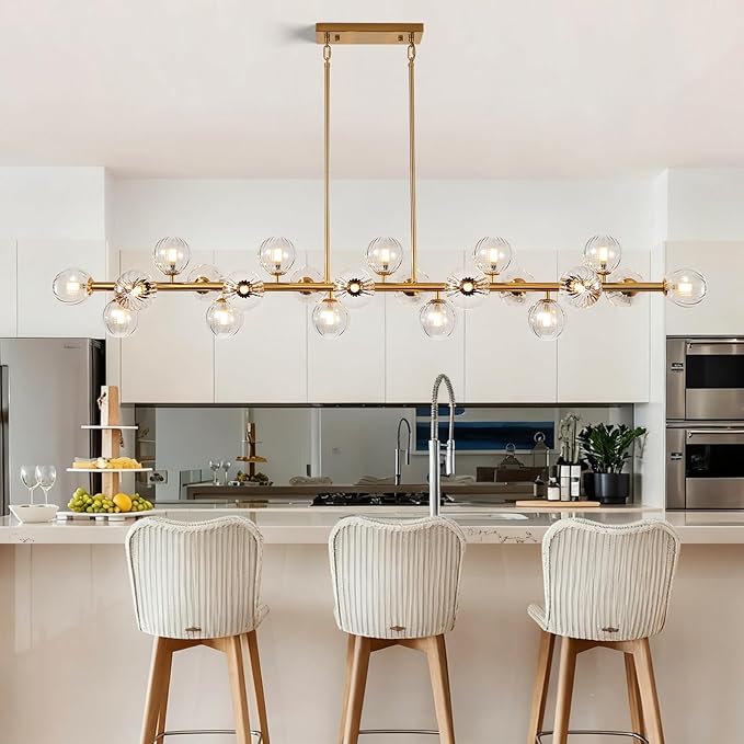 Gold Linear Large Chandelier Modern Chandelier Glass Pendant Light Fixture Adjustable for Dining Living Room Kitchen Island 22-Light 70"