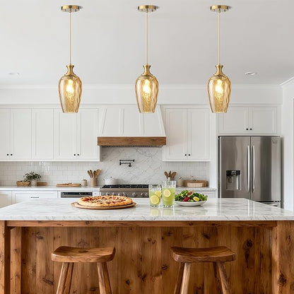 Glass Pendant Lights Kitchen Island 2 Pack, Gold Vintage Pendant Light Fixtures with Hand-Blown Hammered Amber Glass, Farmhouse Modern Brass Hanging Light for Kitchen Sink Dining Room Bedroom