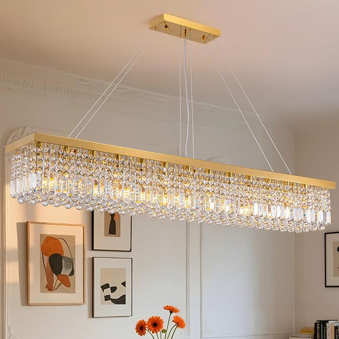 Gold Large Modern Crystal Chandeliers for Dining Room Light Fixture, 13-Light Rectangle Chandelier for Kitchen Island Living Room, L59 Inch