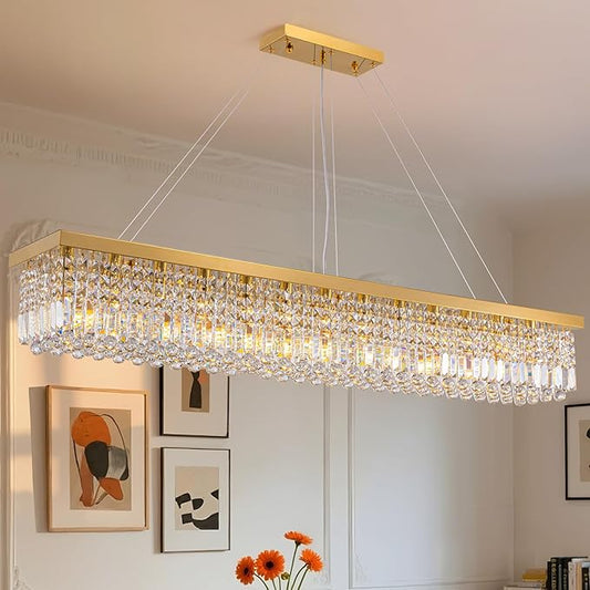 Gold Large Modern Crystal Chandeliers for Dining Room Light Fixture, 13-Light Rectangle Chandelier for Kitchen Island Living Room, L59 Inch