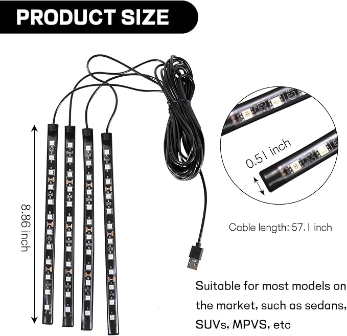 Car LED Strip Light, 12V 48 LED Interior Atmosphere Lights Under Dash Ambient Night Light, Universal Auto Interior Decorative Lamp with USB Port, Truck SUV Car Accessories (Red, USB)