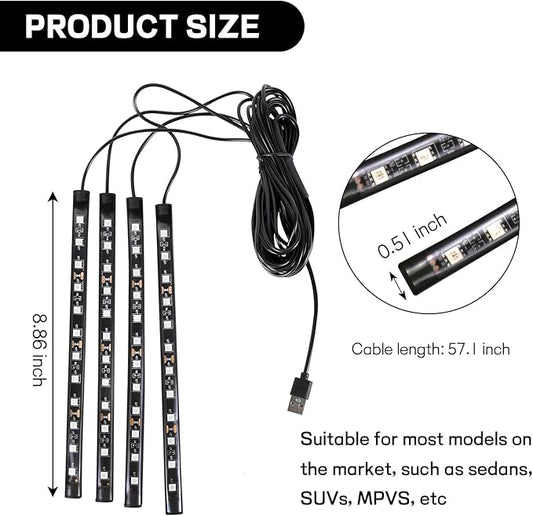 Car LED Strip Light, 12V 48 LED Interior Atmosphere Lights Under Dash Ambient Night Light, Universal Auto Interior Decorative Lamp with USB Port, Truck SUV Car Accessories (Red, USB)