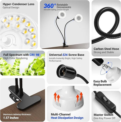 Barrina Orbgrow OG11A2 Clip On Grow Lights for Indoor Plants, Integrated Stepless Dimming & Timing, 5000K 22W(2 x 11W, 200 Watt Equiv), Full Spectrum 2-Gooseneck with E26 Plant Light Bulbs