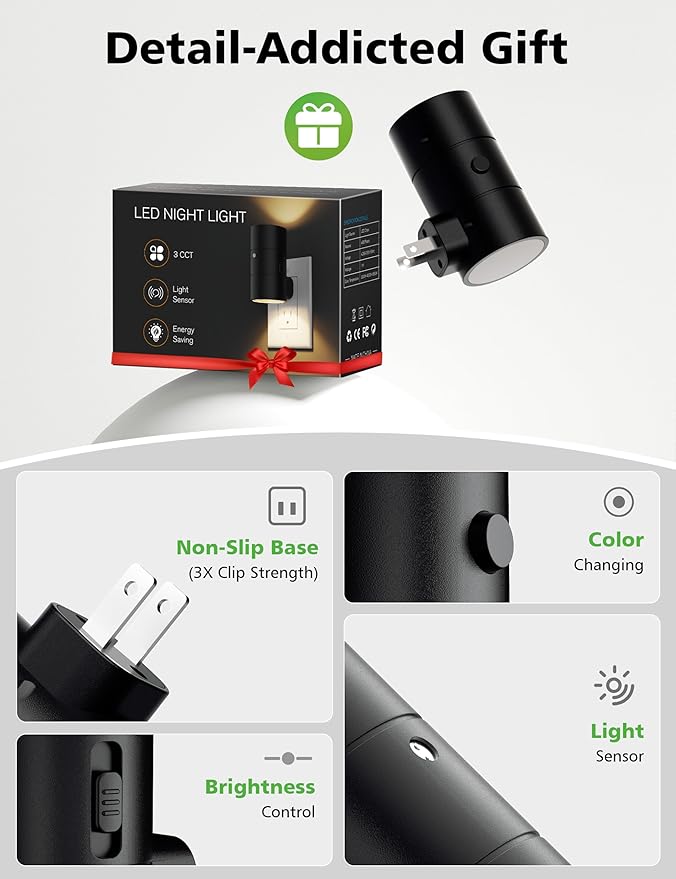 JOFIOS Night Lights Plug Into Wall,Dimmable LED Nightlight with Dusk to Dawn Light Sensor,0-100LM Adjustable Brightness,3 Color Temperatures,Night Light for Hallway Bathroom Stair Bedroom,Black,2 Pack