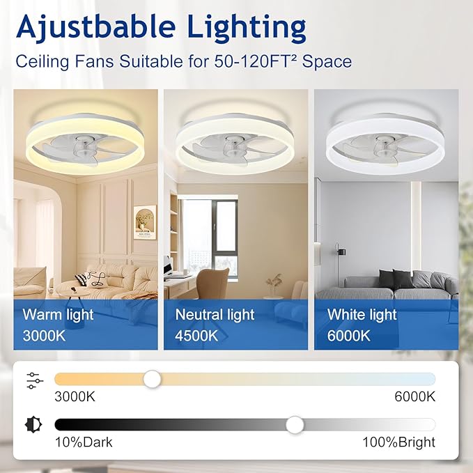 DLLT LED Ceiling Fan with Light: 16" Modern Low Profile Flush Mount Fandelier with App & Remote Control - Dimmable White Bladeless Fan Light Fixture for Bedroom Kids Room Living Room
