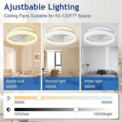 DLLT LED Ceiling Fan with Light: 16" Modern Low Profile Flush Mount Fandelier with App & Remote Control - Dimmable White Bladeless Fan Light Fixture for Bedroom Kids Room Living Room
