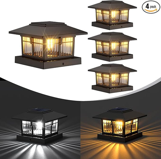 EXCMARK 4x4 Solar Post Cap Lights, 4 Pack Fence Deck Post Lights Outdoor Solar Powered Waterproof with Two Light Modes Warm&Cool White for Garden Patio Decor. (Classic Black, 4)