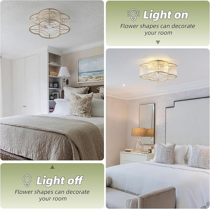 20" Gold Crystal Ceiling Fan with Light, Crystal Flush Mount Ceiling Fan with Light Remote Control, Caged Enclosed with 6 Speeds for Bedroom, Living Room, Foyer, Nursery (Clear)