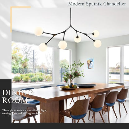 6 Lights Sputnik Chandelier for Dining Room L45’’ Black Modern Pendant Light Fixture with Milk Glass Shade Large Mid Century Chandeliers for Kitchen Island Living Room Foyer