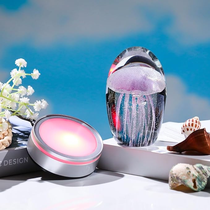 Handmade Jellyfish Lamp – Crystal Glass Figurine Colorful LED Night Light, Ocean-Themed Desk Decor, Aquarium & Beach Room Decor – Gifts for Women Nature Lovers (Purple)