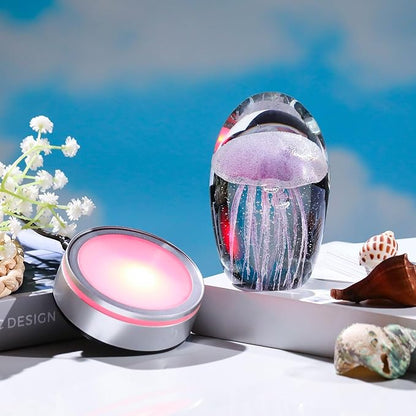 Handmade Jellyfish Lamp – Crystal Glass Figurine Colorful LED Night Light, Ocean-Themed Desk Decor, Aquarium & Beach Room Decor – Gifts for Women Nature Lovers (Purple)